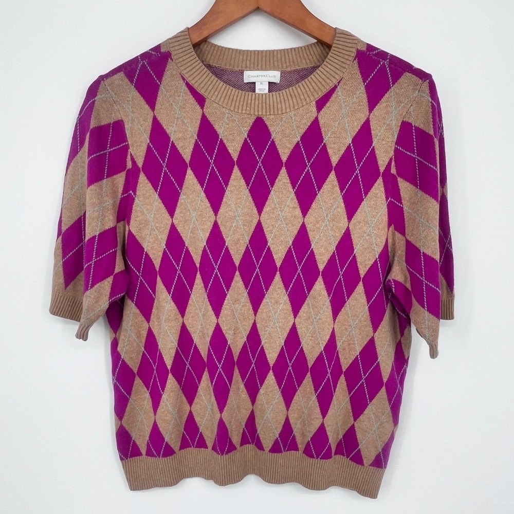 Y2K Preppy Argyle Sweater Women XL Purple‎ Tan Dark Academia Retro Mod Diamond